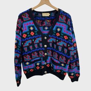 Vintage L.L. Bean Multicolor Patterned Wool Cardigan Size Large